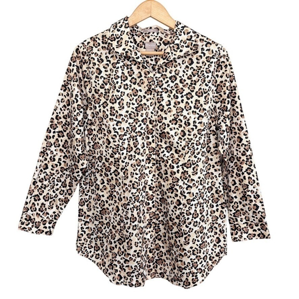 Chico's No Iron Cheetah Print Blouse 1 US 8/10 Shirt Cotton Wrinkle Resistant
